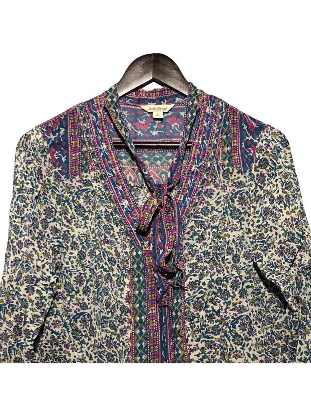 Lucky Brand Blouse Top Women Size M Purple Flower Bow Hippie Retro Boho Gypsy - Picture 3 of 12